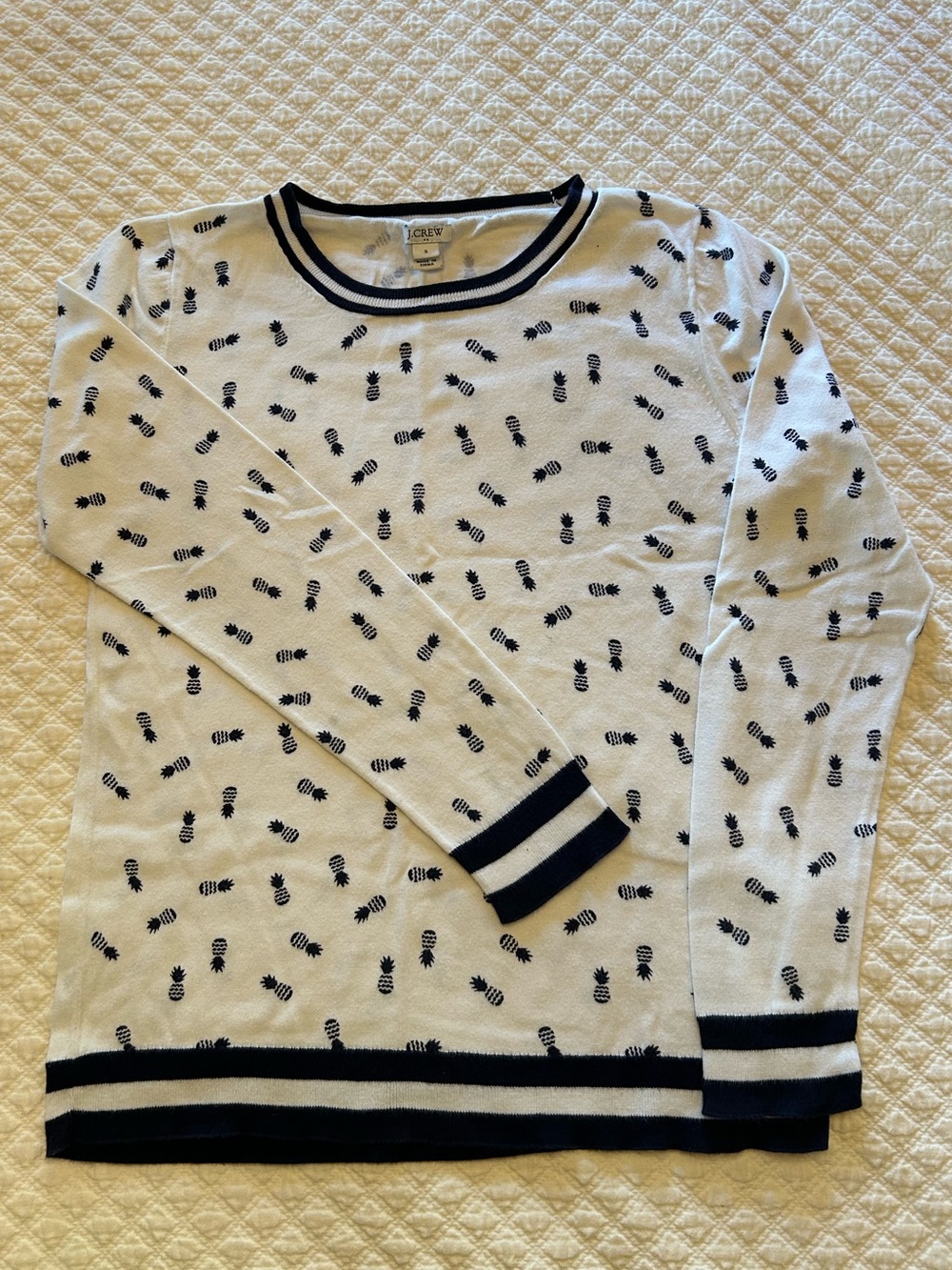 J. Crew White Sweater with Navy Pineapple Print and Trim.